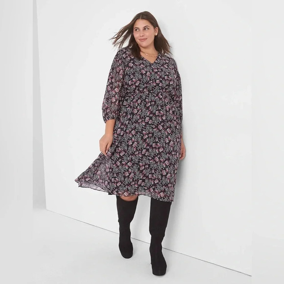 NWT Lane Bryant 3/4 Sleeve V-Neck Smocked-Shoulder Midi Dress, Size 24 - Picture 1 of 7
